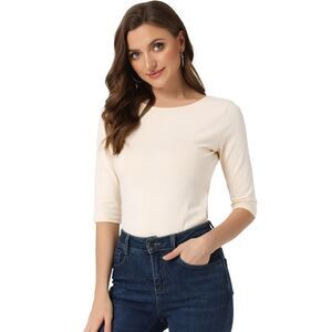 Elbow Sleeves Round Neck Slim Fit Tee Beige